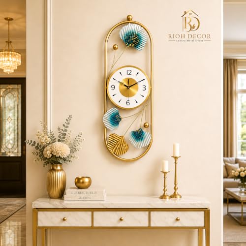 Image of Gold Metal Wall Clock for Living Room Stylish Decor | Designer Ginkgo Leaf Wall Art | Silent Non-Ticking Premium Analog Clock for Home & Bedroom