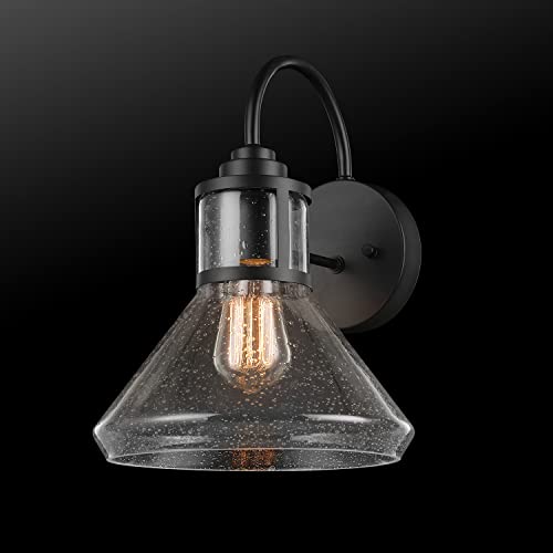 Image of Globe Electric 44661 Torrent 1-Light Outdoor Wall Sconce, Black, Seeded Glass Shade, 60W Vintage Edison Incandescent Bulb Included