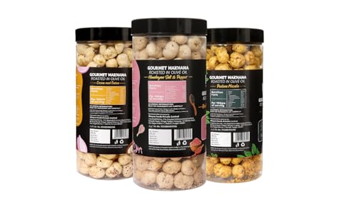 Image of H O M House Of Makhana 195g Pudina, Cream and Onion And Himalayan Salt and Pepper Gourmet Makhana Jar Roasted in Olive Oil, Flavored Makhana Pack of 3 (65gX3)