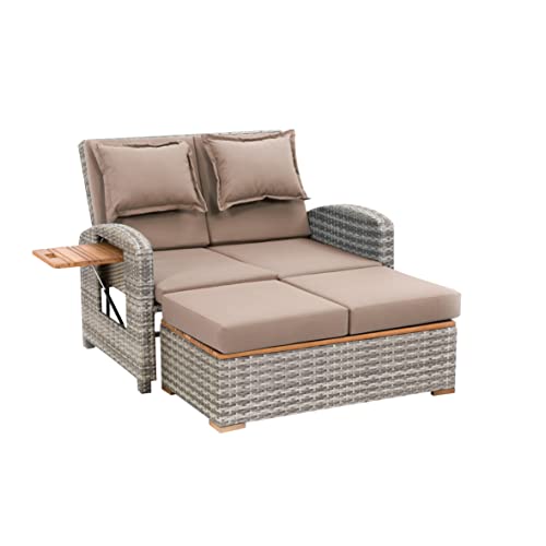 Greemotion Rattan-Lounge Bahia Style 3-in-1 mit Teilen aus Teak, Gartensofa mit Bettfunktion, inkl. Hocker, grau/Taupe, ca.117 x 93 x 74 cm