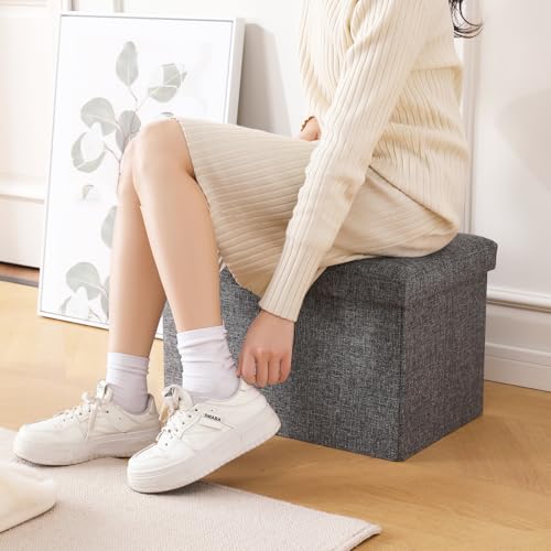 Image of Storage Ottoman Bench Foldable Footrest Foot Stool, 16 inch Fabric Beige