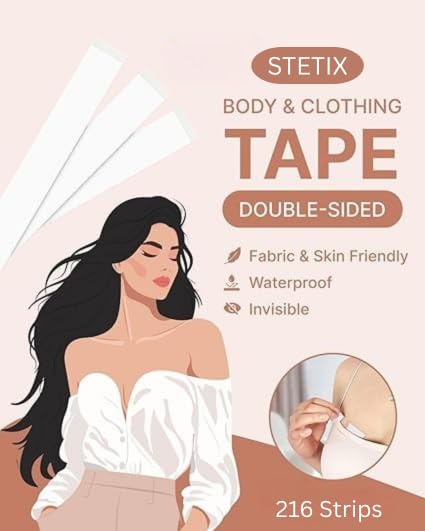 Invisible Double-Sided Lingerie Tape for Body & Clothing, 216 Strips, Hypoallergenic, Waterproof, 1.27 x 7.62 cm Fashion Strips