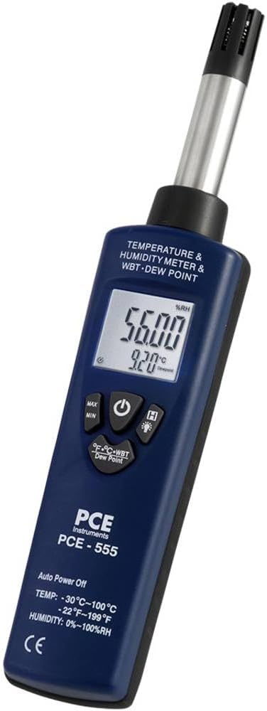 PCE Instruments PCE-555 Handheld Hygrometer, for Indoor Climate Checks, Measures Humidity 0 … 100% RH & Temp -20 … 60°C / -4 … 140°F, with Dew Point, Wet Bulb & Compact Design