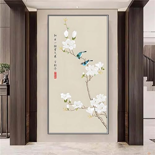 Broderie diamant oiseau fleurs blanches pour décorer le salon avec un grand tableau DIY