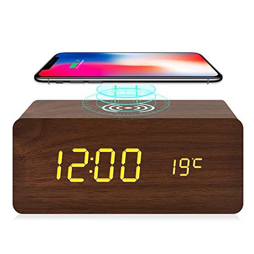 fomobest Digital Wooden Alarm Clock with Wireless Charging, 3 Alarm LED Display, Snooze, Sound Control, Adjustable Brightness, Wood Made Electric Clocks for Bedroom, Bedside, Kid (Brown)