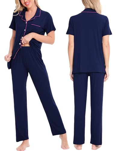 Image of SWOMOG Women Pajama Sets Two-Piece Nightwear Short Sleeve Sleepwear Button Down Pj Lounge Sets with Long Pants