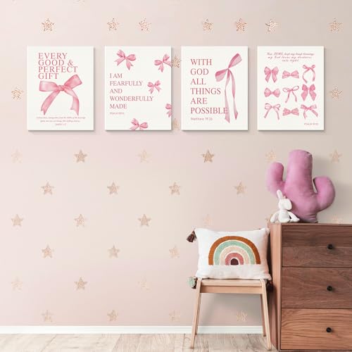 Image of LARTSFRO Coquette Pink Bow Canvas Wall Art Decor Prints Posters, Pink Bow Room Bedroom Bathroom Dorm Wall Art Decor Aesthetic for College Teen Girls Gifts, Inspirational Bible Verses Bow Wall Decor, 11x14 Inch Set of 4 Pcs Bow Pictures (Canvas Framed 11X14)