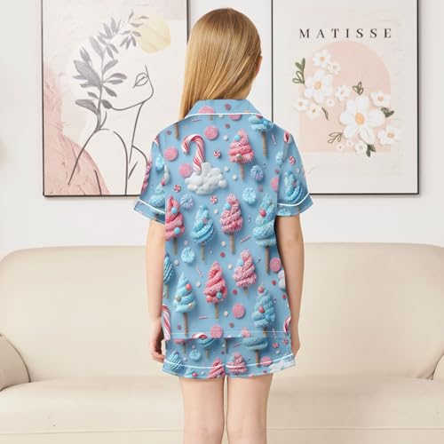 Satin Pajama Sets Short Sleeve Candy Trees and Clouds Pattern Button Down Silky Nightwear 2 Piece PJS 5-14Y4