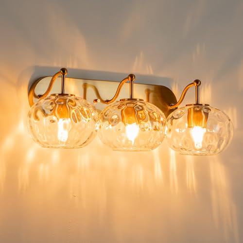Image of 23 inch Gold Vanity Light Clear Hammered Glass Wall Sconce 3-Light Brushed Brass Wall Lamp for Hallway Living Room Stairwell Bathroom Over Mirror