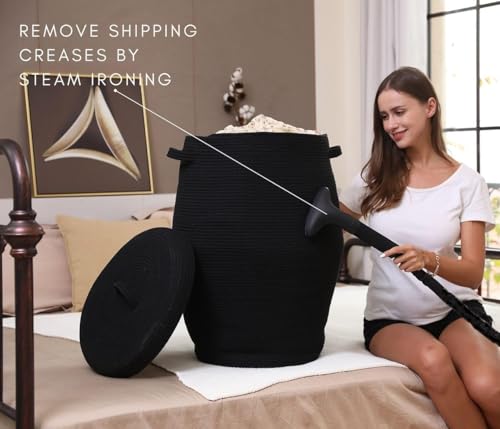 Image of Storage Cotton Rope Basket and Laundry Hamper for Dirty Clothes, Towels, Blankets, Pillows Storage in Living Room, Laundry Room and Bedroom (Black With Lid, 14x18 Inch)