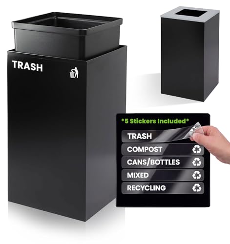 Alpine Commercial Indoor Trash Can - 29 Gallon Modern Looking Black Office Trash can, Metal Trash and Recycling Container with Stickers & 3 Optional Lids (lid Sold Separately)