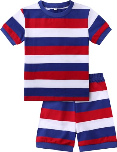 A&J DESIGN Elastic Cotton Fabric Striped Pjs for 2-14 Years Kids, 2-Piece Short Sleeved Pajamas Set