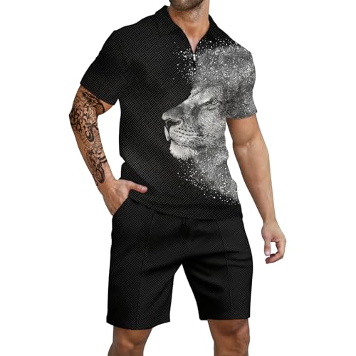 HuangMingYi Men Short Sets Outfits 2 Piece Fashion Casual Summer Tracksuit Short Sleeve Polo Men'S Shirt And Short Sets Summer Outfits For Men Black Gray Tiger XL
