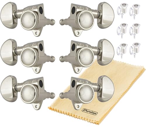Grover 502N ROTO-GRIP Locking Rotomatics Guitar Tuners Tuning Machines Set 3+3 18:1 Nickel Tuning Keys with Tonebird Dunlop Polish Cloth Bundle Tuner Heads with Kidney Button