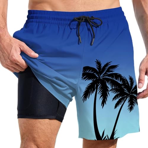 Mens Swim Trunks with Compression Liner 7 Inch Inseam Stretch Beach Board Shorts Bathing Suits Swimwear with