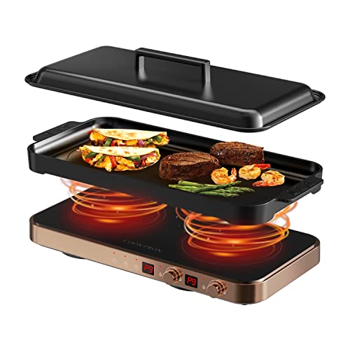 Portable Compact 2 Burner Induction Cooktop Electric Stove w/Smokeless Cast Iron Griddle Grill & Temperature Control & Child Lock, Rose Gold