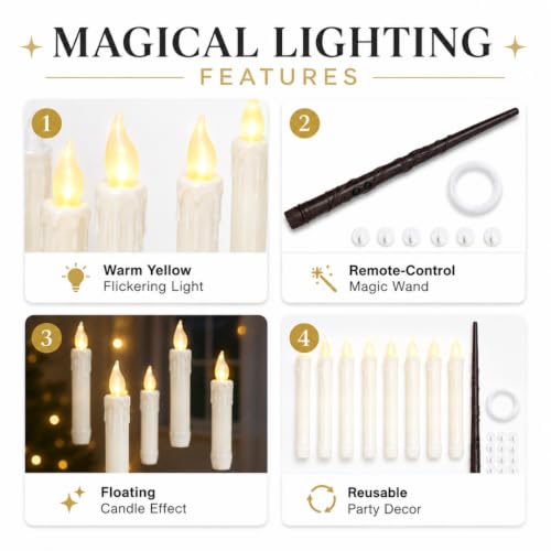 Image of Wanna Party Magical Floating Candles with Remote Wand, 12 Pcs Warm Yellow Flickering Flameless Hanging Candles with Clear Line & Adhesive Hooks for Wizard Theme Birthday, Halloween & Room Decoration