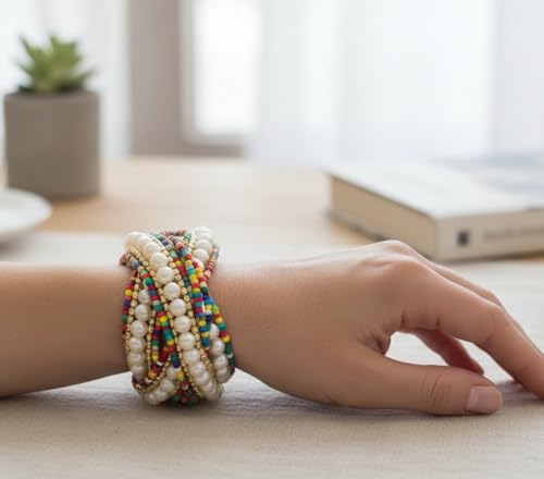 Image of Touchstone Indian Colorful Bead Bracelet Bollywood Beaten Metal Beads Openable Broad Cuff Bracelet in Gold or White Tone for Women.