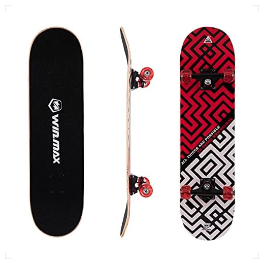 WIN.MAX Completo Skateboard para Principiantes 31"x8" 7 Capas Monopatín de Madera de Arce con rodamientos ABEC-7 Tabla de Skateboard(Maze-RD)