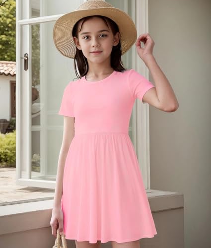 Girls Short Sleeve Dress Elastic Waisted Solid Color A Line Dresses 5-14 Years2