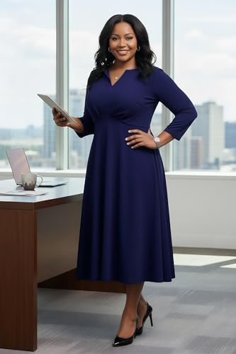 Image of Nmoder Women's Plus Size Stretchy Flared Wrap Dress Casual Wedding Guest Midi Dresses V Neck 3 /4 Sleeve A-Line Swing Dress