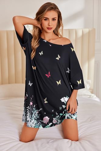 Image of Ekouaer Plus Size Nightgowns for Women Oversized Sleep Shirt Short Sleeve Nightshirt T-Shirt Dress Sleepwear S-5XL