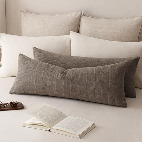 Image of Foindtower Set of 1 Decorative Linen Check Throw Pillow Cover Neutral Farmhouse Lumbar Cushion Cover Soild Modern Boho Home Decor for Sofa Chair Couch Bedroom Living Room,14x36 Inch,Taupe Grey