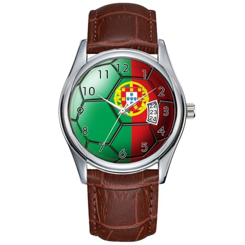 Montre à quartz pour homme - Style décontracté - Étanche - Date - Classique - En cuir marron - Bracelet de Noël - Drapeau du Portugal - Ballon de...