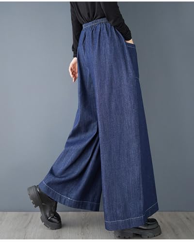 ellazhu Women's Pants Loose Causal Pocket Demin Pants Elastic Waist Wide Leg Solid Color GZ343 A4