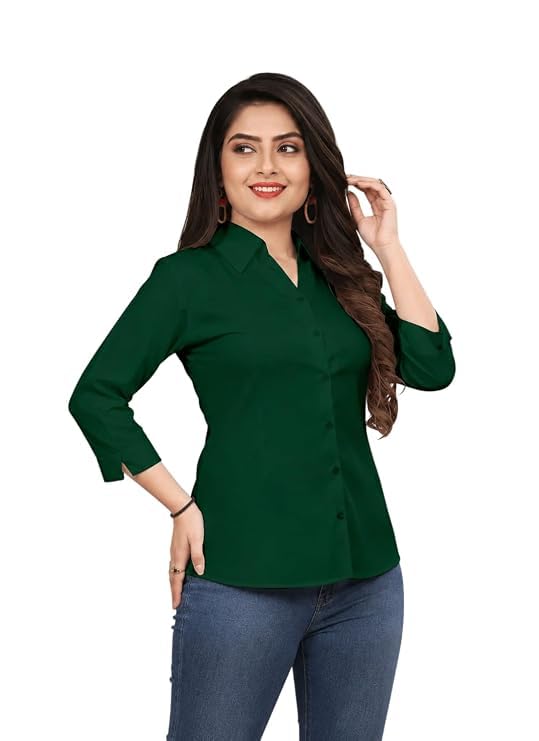Image of Women's Formal Collared Shirt | Solid Office Wear Button-Up Top | Regular Fit 3 /4 Sleeve Business Shirt for Work & Casual Wear