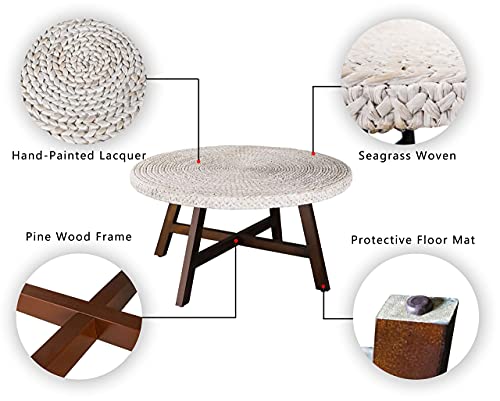 Round Coffee Table,RANDEFURN Seagrass Coffee Tables,Pine Wood X Base Frame Cocktail Table, Easy Assembled, Multiple Sizes for Living Room, Solid Wood Table,32 x 17 Inches,Whitewash - Image 5