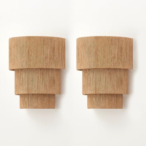 MhyTogn Set of 2 Hand Woven Rattan Wall Sconces 3 Round Transitional Minimalist Boho Wall Lights Coastal Wall Lamp for Bedside Hallway Vanity Stairway Fireplace Living Room UL Listed