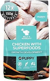 Billy + Margot Grain Free Puppy Wet Dog Food, Pack of 12 x 150g Pouches, All Natural Chicken Recipe with Superfoods for Puppies - Total Satisfaction Promise