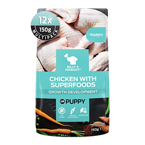 Billy + Margot Grain Free Puppy Wet Dog Food, Pack of 12 x 150g Pouches, All Natural Chicken Recipe with Superfoods for Puppies - Total Satisfaction Promise