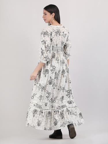 Image of Arayna Women's Casual Long Maxi Dress for Summer Wear, Urban Bohemian Floral Printed V Neck Smocked Outfit