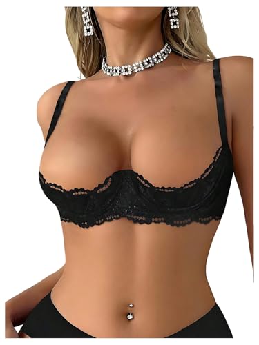 OYOANGLE Women's 1/4 Cup Lace Bra Balconette See Through Mesh Underwired Demi Spaghetti Strap Supportive Lingerie Bra Black Small