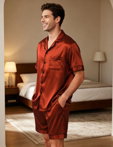 Image of SWOMOG Men Satin Silk Pajamas Sets Short Sleeve Sleepwear Button-Down PJs Sets Two-Pieces Loungewear with Pockets