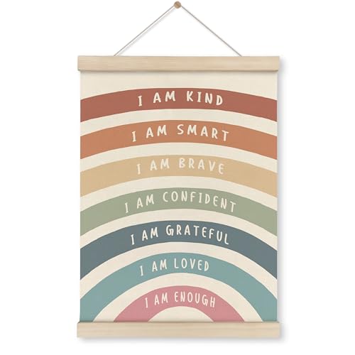 Image of HRQKO I Am Kind Smart Inspirational Poster Hanger Frame, Boho Rainbow Wall Art with Wooden Frames, Positive Affirmation Hanging Banner Decor for Nursery Toddler Room, Mental Health Decor, 12x16 inch