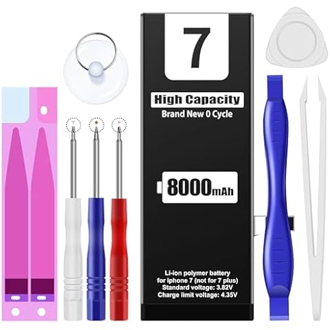 EMNT (8000mAh Battery for iPhone 7 (2024 New Version),(Model:A1660, A1778, A1779) Replacement Battery with High Capacity for iPhone 7 with Full Remove Repair Tool Kit. Cover