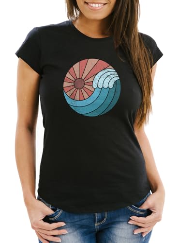 T-shirt femme imprimé vague et soleil pour un look urbain et décontracté