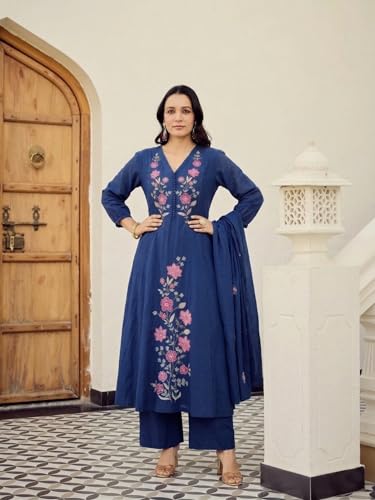Image of ANNI Designer Kurta Set for Women Viscose Embroidered | Kurti Set for Woman | A Line Kurta Palazzo Dupatta 3 Piece Outfit | V Neck 3 /4 Sleeve Regular Fit Ethnic Dress Stylish Clothing