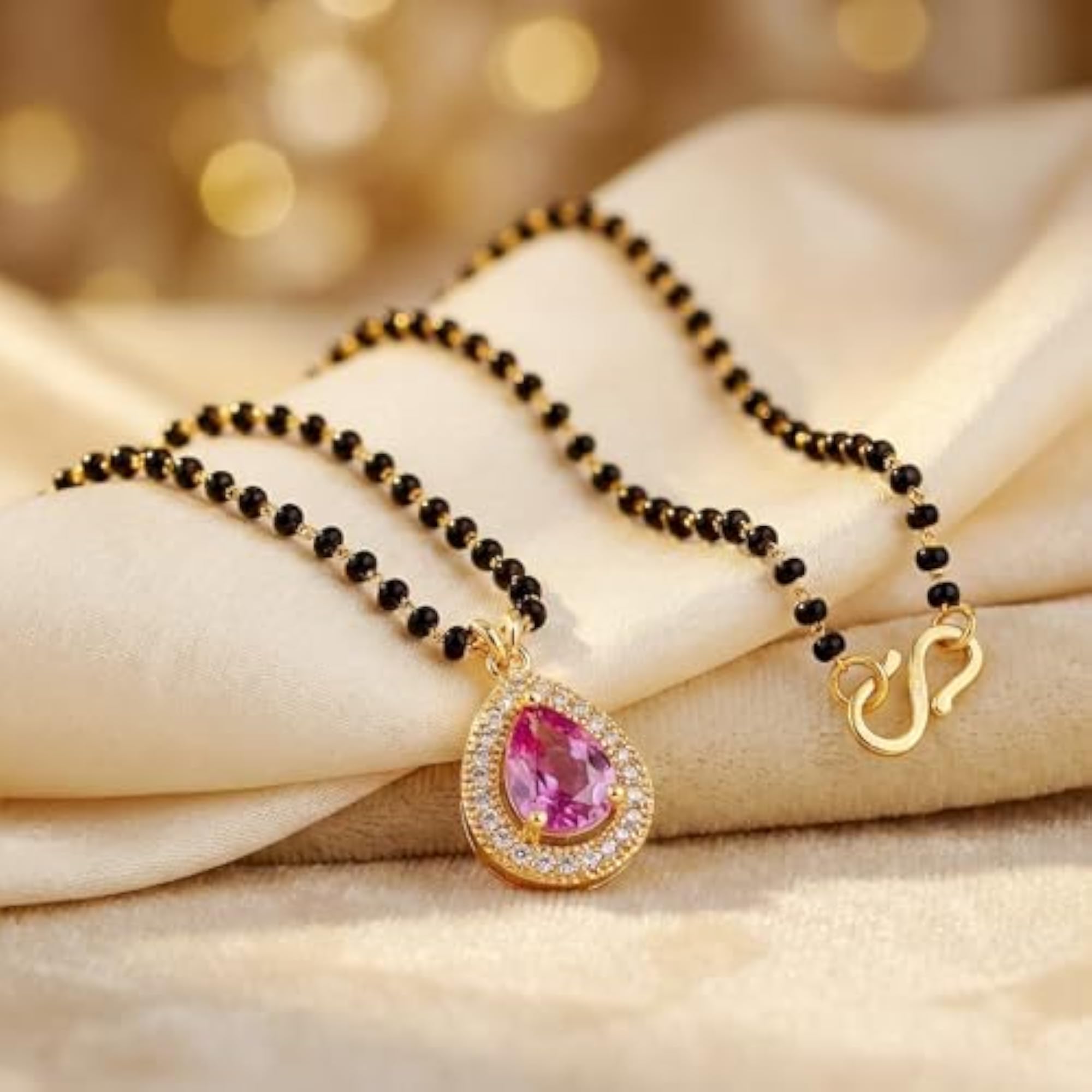 Gold-Toned Pink Stone American Diamond Black Beads Mangalsutra for Women