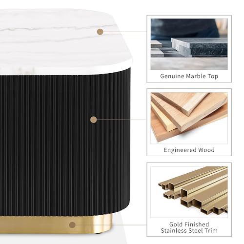 Image of Furniture of America Beryl Modern Square White Genuine Marble Top Coffee Table with Fluted Pedestal Base and Gold Stainless Steel Accent, Low Profile Table for Living Room, Home Office, Black