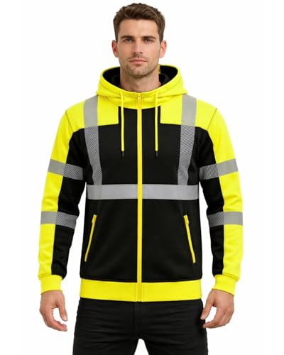 Image of kraftd Hi Vis Hoodie for Men Reflective Striping Safety Zipper Jacket Hi Viz Sweatshirt Hooded Full Sleeves Fleece Lining High Visibility Workwear (Black/Yellow,XXL)