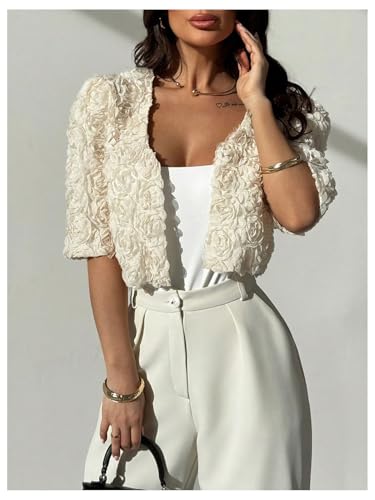 GORGLITTER Women's 3D Flower Short Sleeve Jacket Open Front Party Cropped Cardigan Trendy 20254