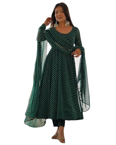 Image of Women's Lehariya Print Georgette Anarkali Fit Long Sleeves Lightweight Ethnic Wear Gown + Dupatta (H E 00391)