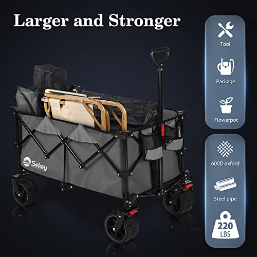 Sekey Collapsible Foldable Wagon With 220Lbs Weight Capacity, Heavy Duty Folding Utility Garden Cart With Big All-Terrain Beach Wheels & Drink Holders. Grey #TOP4