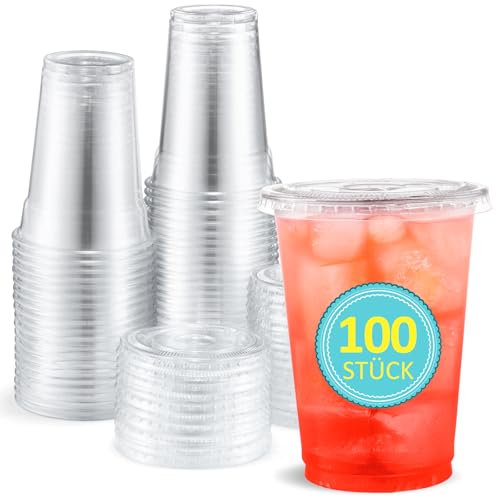 Eupako 100 Stück 300ml Plastikbecher mit Deckel Einweg-klare Trinkbecher
