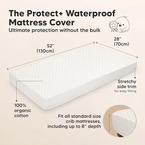 Image of 2-Pack Waterproof Crib Mattress Protector Cover Fitted - Quiet Baby Crib Mattress Pad Sheets, 52 inch x 28 inch Soft Quilted Cotton Baby Sheet, Machine Washable, Easy Fit, Durable (Soft White /Quin)