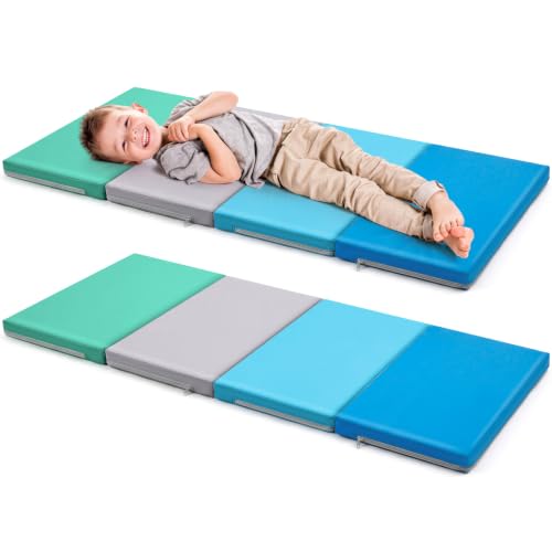 Image of Wesiti 1 Pcs Nap Mats for Preschool 1.37 Inch Thick 47x24 Folding Rest Mat 4 Section, Sleeping Pad for Kids Children Daycare Nap School Classroom Kindergarten Daycare Travel Home Green Blue